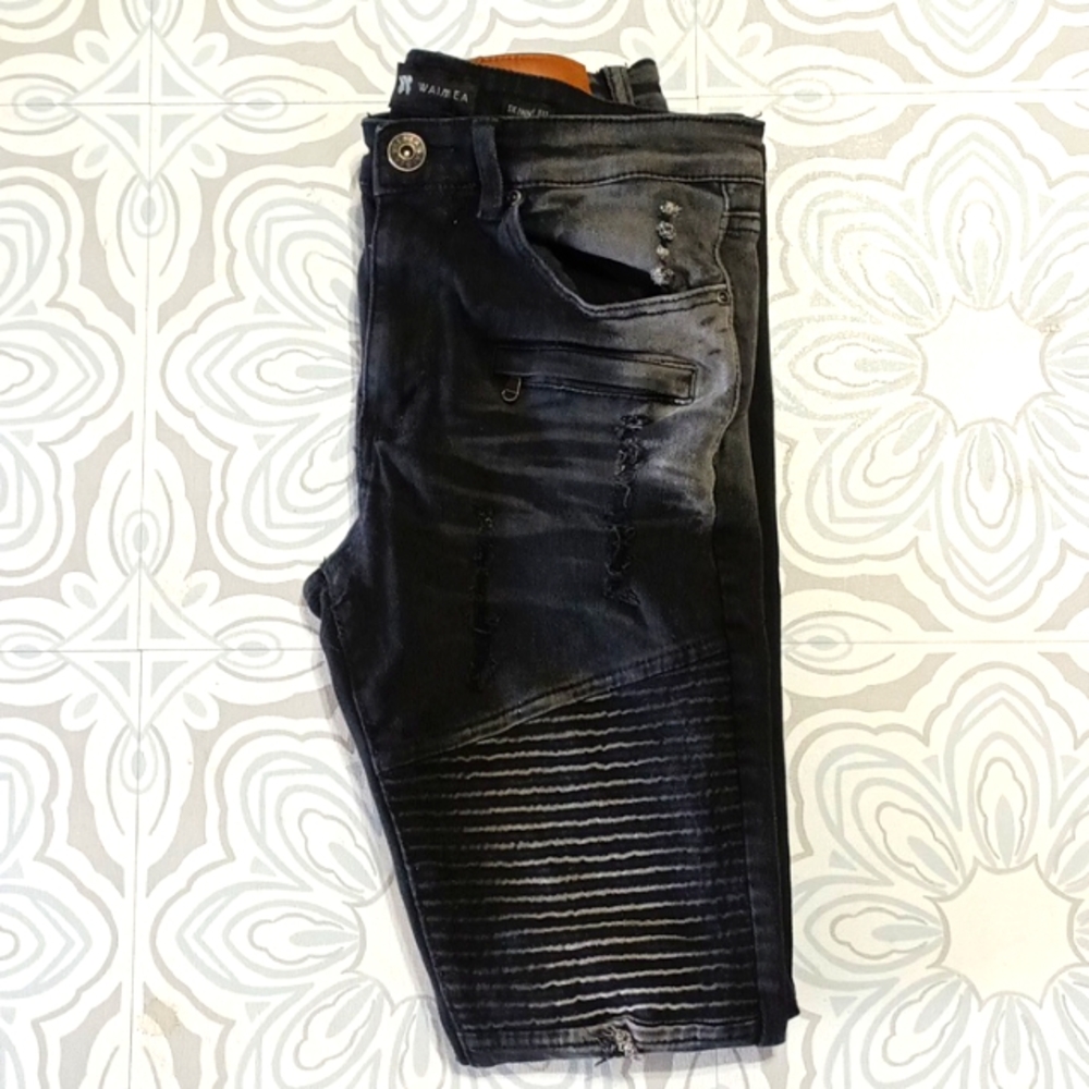Mens Black jeans Active Sports Bike Stretch Skinny fit rib thigh sz 30/32